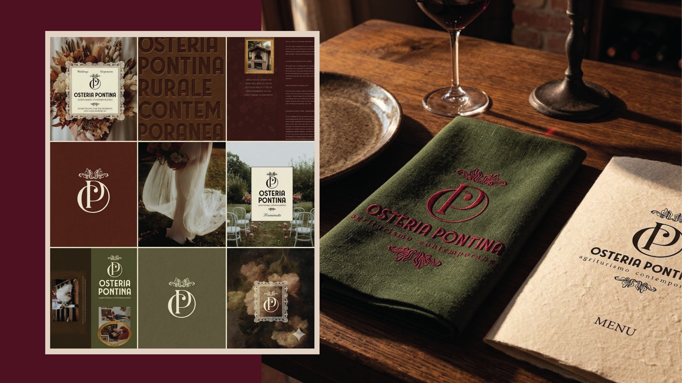 Sistema visivo di Osteria Pontina applicato a menu, tessuti e comunicazione editoriale