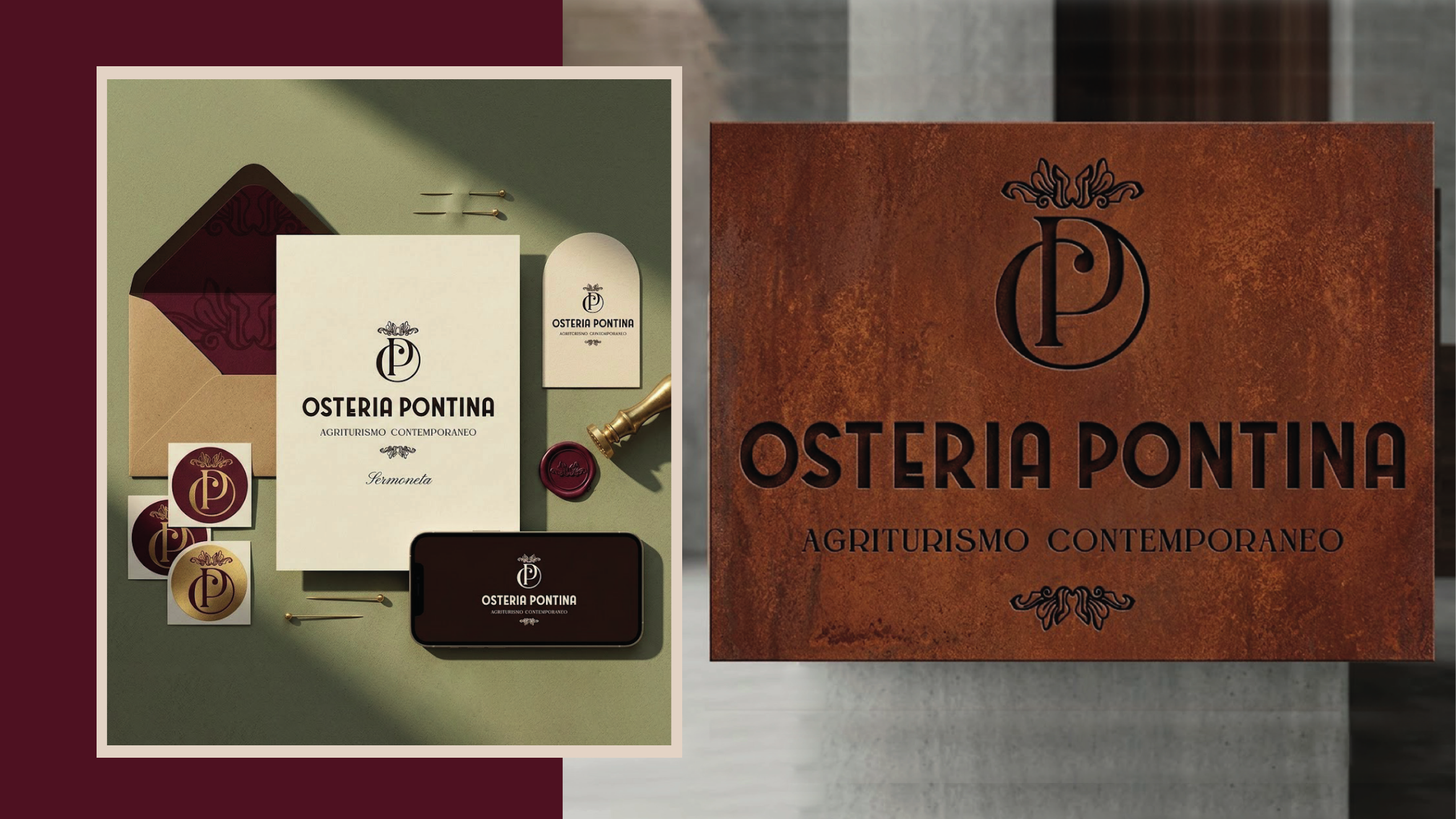 Identità di Osteria Pontina applicata a stationery, touchpoint digitali e insegna