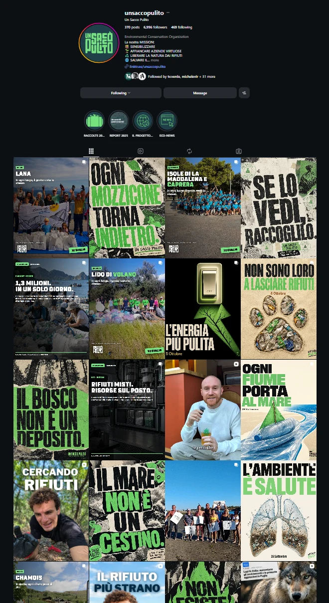 Schermata del profilo Instagram di Un Sacco Pulito con il piano editoriale attuale